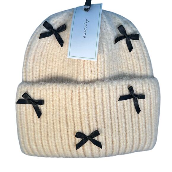New! Arvores Women’s Cream & Black Ribbon Bows Beanie (K0088) - Picture 1 of 10